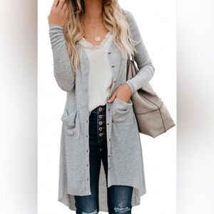 NWT Naggoo Button Down Light Grey Pocketed high Low Cardigan w/ Hi-Low Hem